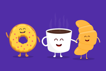 Best Friends coffee, croissant and donut character vector illustration set. Cartoon concept for kids menu.のイラスト素材