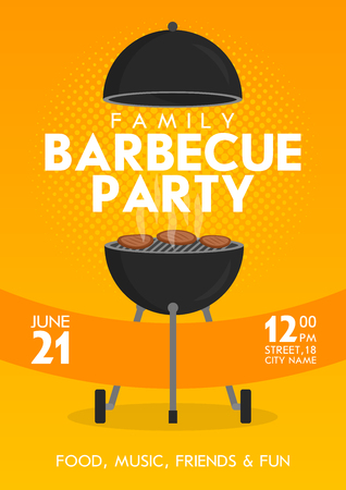 Lovely vector barbecue party invitation design template set. Trendy BBQ cookout poster design with classic charcoal grill, fork, cooking paddle and sample textのイラスト素材