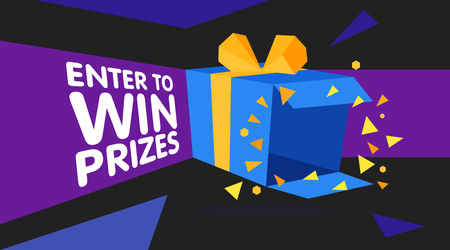 Enter to win prizes gift box. Cartoon origami style vector illustration. Web banner templateのイラスト素材