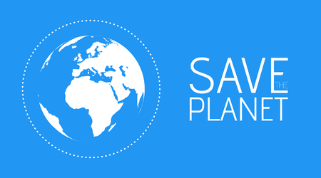 Save the Planet banner flat modern style. White globe world map in Blue background vector illustration.のイラスト素材