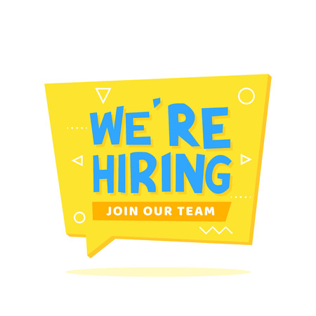 Now hiring, join the team lettering on yellow origami speech bubble. Announcements, leaflets, posters, banners vector illustration.のイラスト素材