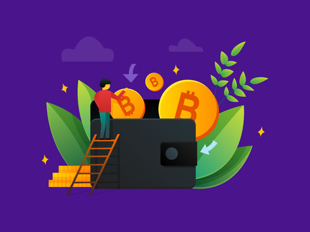 Colorful flat style illustration of man on ladder putting golden bitcoins into wallet saving money on purple backgroundのイラスト素材
