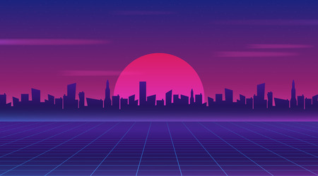 Retro future 80s style sci-fi wallpaper. Futuristic night city. Cityscape on a dark background with bright and glowing neon purple and blue lights. Cyberpunk and retro wave style vector illustration.のイラスト素材