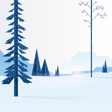 Beautiful Christmas winter flat landscape background. Christmas forest woods with mountains. New Year winter vector landscape.のイラスト素材