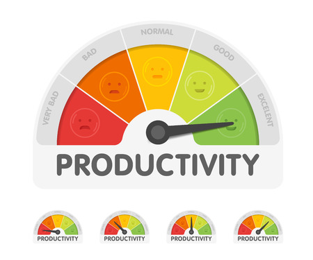 Productivity meter with different emotions. Measuring gauge indicator vector illustration. Black arrow in coloured chart background.のイラスト素材