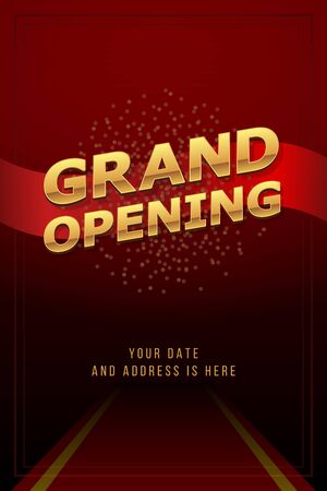 Grand opening invitation concept. Luxury design. Gold glitter letters on abstract background with red carpet, light effect and confetti. Applicable for banner, flyer, presentation and poster design.のイラスト素材
