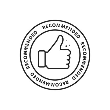 Recommended icon. Line label recommended with thumb up. Sign brand with recommended. Best tag for great brend. Banner thumb up on isolated background. Vector illustration.のイラスト素材