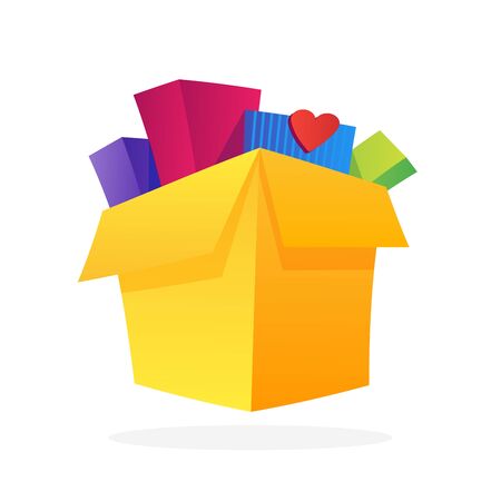 Opened gift box, surprise, celebration event, surprising gift boxes. Give presents concept. Flat cartoon design vector illustrationのイラスト素材
