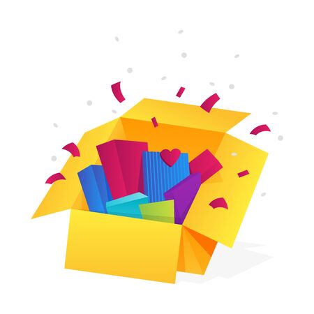 Opened gift box, surprise, celebration event, surprising gift boxes. Give presents concept. Flat cartoon design vector illustration.のイラスト素材
