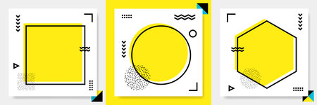 Abstract geometric frame set. Memphis square cards, funky stripes and dots shapes and quotes text...