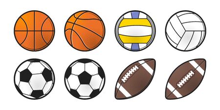 Collection of sport balls. American football, soccer, basketball, volleyball. Pop Art style halftone shadow icon design. Flat vector illustration isolated on white background.のイラスト素材