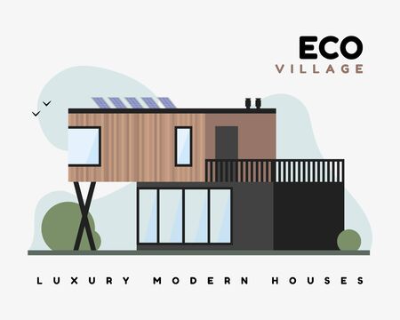 Eco village flat vector illustration. Luxurious modern houses with smart energy on solar panels, with outdoor balcony and ecological design villa.のイラスト素材
