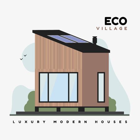 Eco village vector flat illustration. Luxurious modern houses with smart energy on solar panels, with large windows, flat roof and ecological design.のイラスト素材