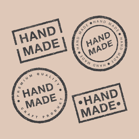 Linear badges and design elements vector set. Hand made, craft handmade studio, craft product, premium quality. Modern and stylish badges of different shapes on brown backdrop.のイラスト素材