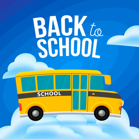 Cute cartoon school bus with color. Cloud space background. Back to school text sign. Vector...