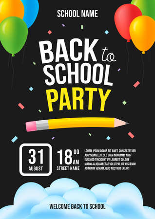 Back to school party invitation. Vector flat illustrations. Design template. Flyer with balloons and text back to school party, address and date on black backdrop.のイラスト素材