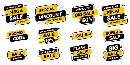 Set labels with inscription sale. Vector flat illustrations. Ad or promo. Shopping concept. Promotion price label mega sale, shop now, special discount, big sale, limited time only, last chance.のイラスト素材