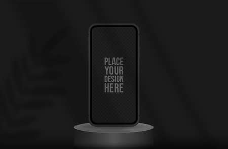 Podium for smartphone presentation in black color with shadow leaf. Vector flat illustrations. Circular realistic exhibition platform, display case. Black background banner for advertise phone.のイラスト素材