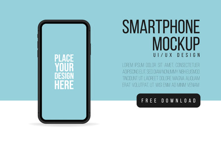 Smartphone mock up banner. Vector flat illustration. Smartphone blank screen with place for your design and button free download isolated on dark green and white background.のイラスト素材