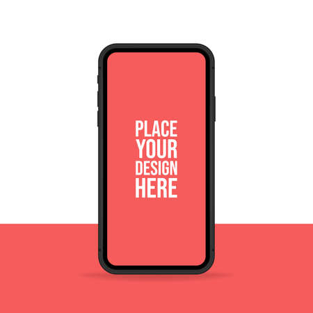 Smartphone mock up banner. Vector flat illustration. Smartphone blank screen with place for your design isolated on coral red and white background.のイラスト素材