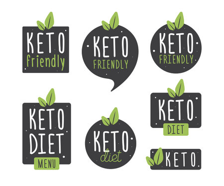 Set badge keto diet. Vector flat illustration. Ketogenic diet logo sign. Keto diet menu. Collection round, square, in the form of vegetables icon keto friendly diet with leaves isolated on white.のイラスト素材