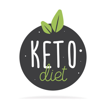 Keto diet hand drawn lettering. Vector flat illustration. Healthy food Eco text. Motivation quote. Keto friendly text on gray label. Inscription for package, tote bag, banner, card, stationary.のイラスト素材