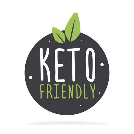 Keto friendly hand drawn lettering. Vector flat illustration. Healthy food Eco text. Motivation quote. Keto friendly text on gray label. Inscription for package, tote bag, banner, card, stationary.のイラスト素材