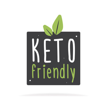 Keto friendly hand drawn lettering. Vector flat illustration. Healthy food Eco text. Motivation quote. Keto friendly text on gray label. Inscription for package, tote bag, banner, card, stationary.のイラスト素材