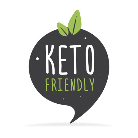 Keto friendly hand drawn lettering. Vector flat illustration. Healthy food Eco text. Motivation quote. Keto friendly text on gray label. Inscription for package, tote bag, banner, card, stationary.のイラスト素材