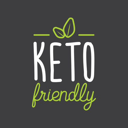 Keto friendly hand drawn lettering. Vector flat illustration. Healthy food Eco text. Motivation quote. Keto friendly text on gray label. Inscription for package, tote bag, banner, card, stationary.のイラスト素材