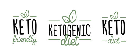 Mini set hand drawn emblem or ketogenic diet in linear style. Vector flat illustration. Lettering in the look of high fat and moderate protein diet icons.のイラスト素材