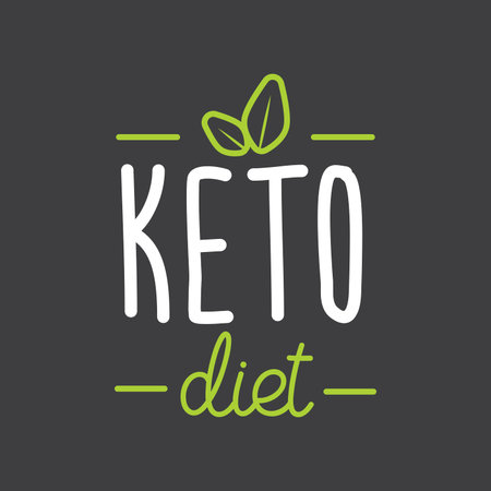 Keto diet hand drawn lettering. Vector flat illustration. Healthy food Eco text. Motivation quote. Keto friendly text on gray label. Inscription for package, tote bag, banner, card, stationary.のイラスト素材