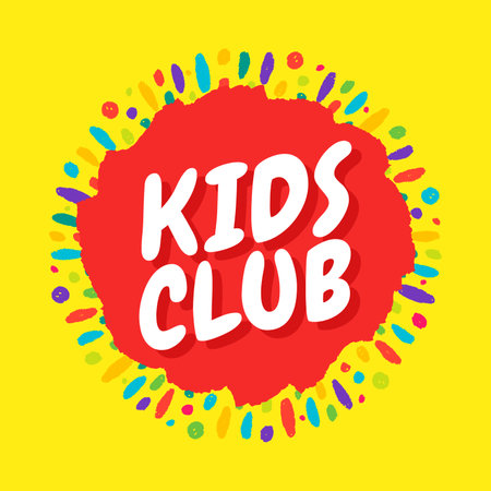 Kids club colorful poster with inscription on the background of colored heels of paints. Vector flat illustration. Banner of the Children's Center for Creative Development.のイラスト素材