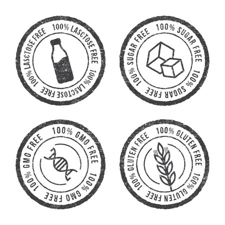 Lactose free, Sugar free, Gluten free, GMO free vector stamp for food emblems designs, can be used as stamps, seals, badges, for packaging etc. Decorative element for healthy natural organic nutritionのイラスト素材