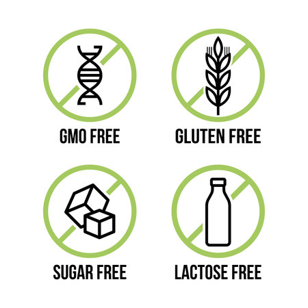 Lactose free, Sugar free, Gluten free, GMO free vector labels for food emblems designs, can be used as stamps, seals, badges, for packaging etc. Decorative element for healthy natural organic nutritionのイラスト素材