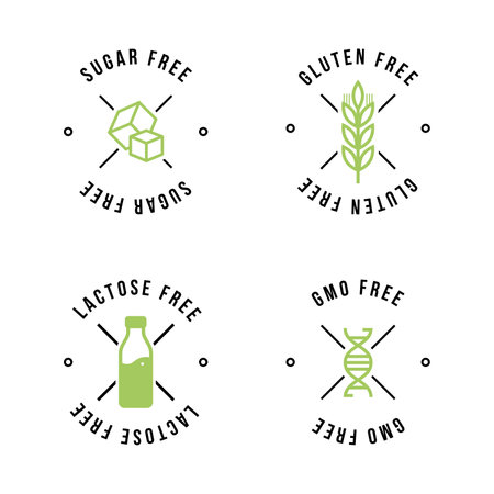 Lactose free, Sugar free, Gluten free, GMO free vector labels for food emblems designs, can be used as stamps, seals, badges, for packaging etc. Decorative element for healthy natural organic nutritionのイラスト素材