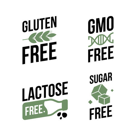 Lactose free, Sugar free, Gluten free, GMO free vector labels for food emblems designs, can be used as stamps, seals, badges, for packaging etc. Decorative element for healthy natural organic nutritionのイラスト素材