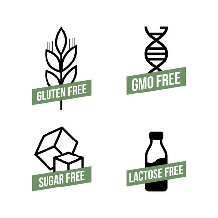 Lactose free, Sugar free, Gluten free, GMO free vector labels for food emblems designs, can be used as stamps, seals, badges, for packaging etc. Decorative element for healthy natural organic nutritionのイラスト素材