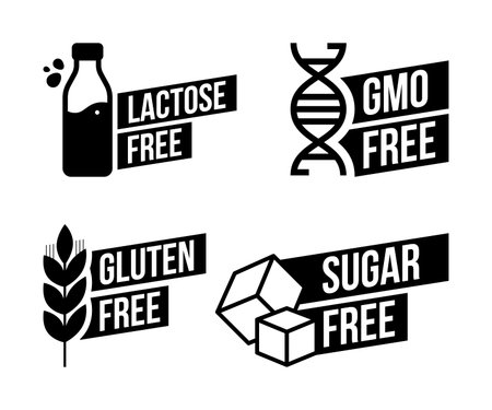 Lactose free, Sugar free, Gluten free, GMO free vector labels for food emblems designs, can be used as stamps, seals, badges, for packaging etc. Decorative element for healthy natural organic nutritionのイラスト素材