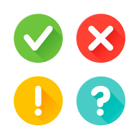 Vector check mark exclamation mark, question mark icons set. Flat icons for web and mobile applications. Circle flat design with shadows.のイラスト素材