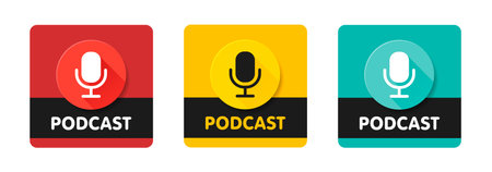 Podcast radio icon illustration set. Studio table microphone with broadcast text. Webcast audio record concept .のイラスト素材