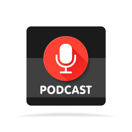 Podcast radio icon illustration. Studio table microphone with broadcast text. Webcast audio record concept .のイラスト素材