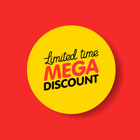 Limited time mega discount. Vector flat illustration. Exclusive super discount. Advertising sign for promoting retail business, attracting customers. Red banner with round yellow emblem and text.のイラスト素材