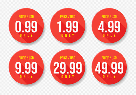 Red USD Price sticker set. Sale 0.99 1.99 4.99 9.99 29.99 and 49.99 Dollars Only Offer Badge Sticker Design in Flat Style. vector illustrationのイラスト素材