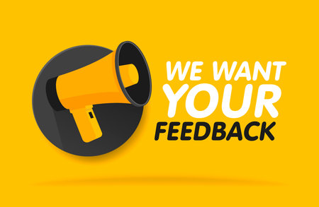 Megaphone on round background. We want your feedback in bubble. Vector illustration banner template.のイラスト素材