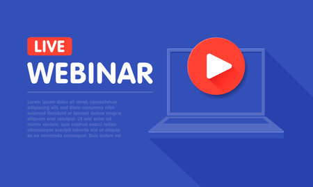 Free webinar play online button vector illustration in Laptop notebook computer screen. vector illustration. Live webinar label on laptop screen.のイラスト素材