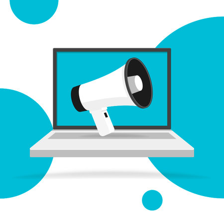 Megaphone on Laptop notebook computer screen. color circle background. Empty speech bubble. vector illustration.のイラスト素材