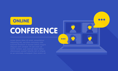 Video teleconference and remote online meeting concept. Vector flat person illustration. Group of people avatar on laptop computer screen. Design for banner, web, infographicのイラスト素材