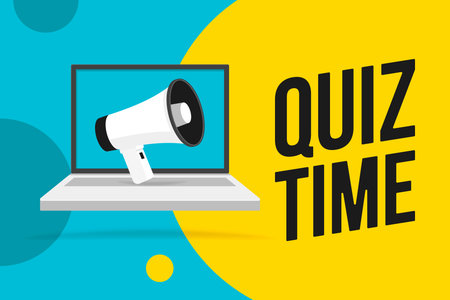 Megaphone on Laptop notebook computer screen. Quiz time text in speech bubble. vector illustration.のイラスト素材