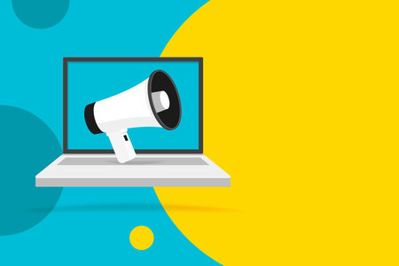 Megaphone on Laptop notebook computer screen. color circle background. Empty speech bubble. vector illustration.のイラスト素材